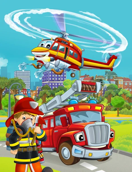 Cartoon-Szene mit Feuerwehrauto unterwegs und Feuerwehrmann - Illustration für Kinder — Stockfoto