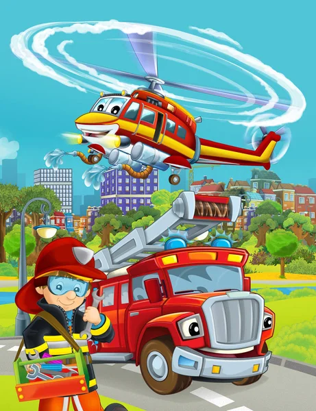 Cartoon scene met brandweer auto voertuig op de weg en brandweerman werknemer - illustratie voor kinderen — Stockfoto
