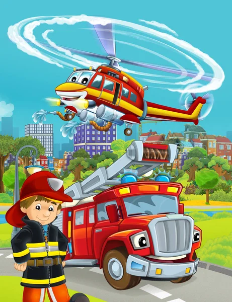 Escena de dibujos animados con coche de bomberos en la carretera y bombero trabajador - ilustración para los niños —  Fotos de Stock