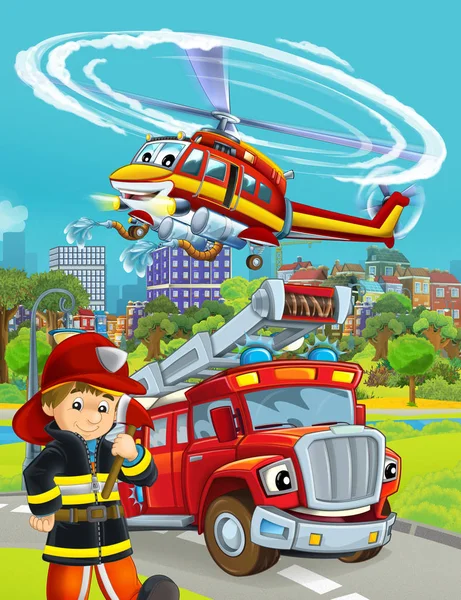消防車が道路や消防士の労働者と漫画シーン-子供のためのイラスト — ストック写真