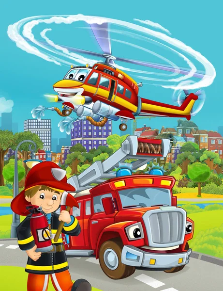 Escena de dibujos animados con coche de bomberos en la carretera y bombero trabajador - ilustración para los niños —  Fotos de Stock