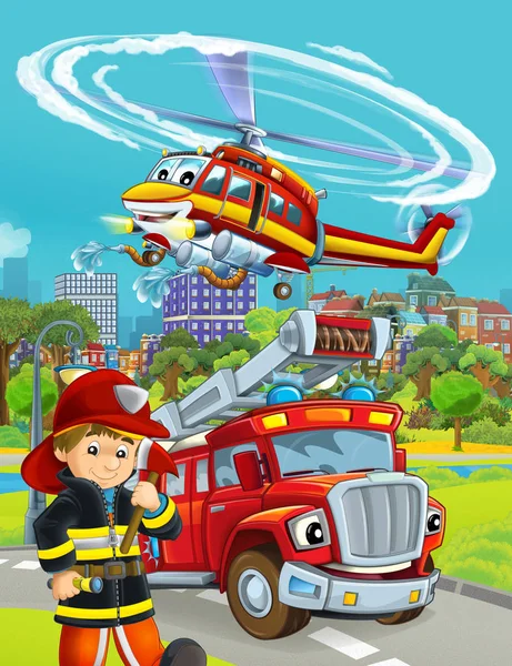 Scena kreskówek z wozem strażackim na drodze i strażakiem - ilustracja dla dzieci — Zdjęcie stockowe