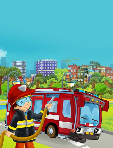 Escena de dibujos animados con coche de bomberos en la carretera y bombero trabajador - ilustración para los niños —  Fotos de Stock