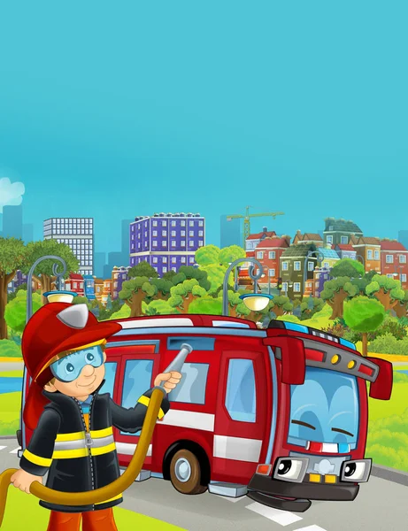 Cartoon-Szene mit Feuerwehrauto unterwegs und Feuerwehrmann - Illustration für Kinder — Stockfoto