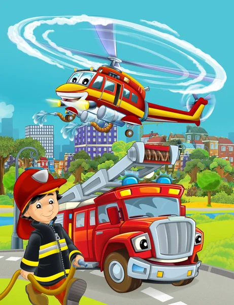 Tecknad scen med brandkår bil fordon på vägen och brandman arbetare - illustration för barn — Stockfoto