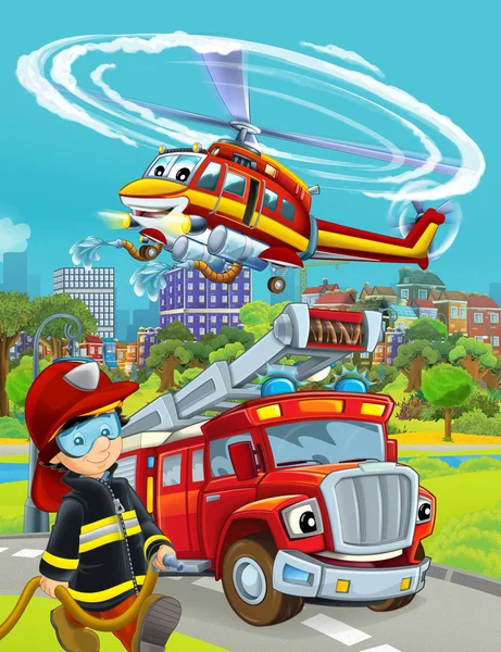 Kreslená scéna s hasičským vozem na silnici a hasičem - ilustrace pro děti — Stock fotografie