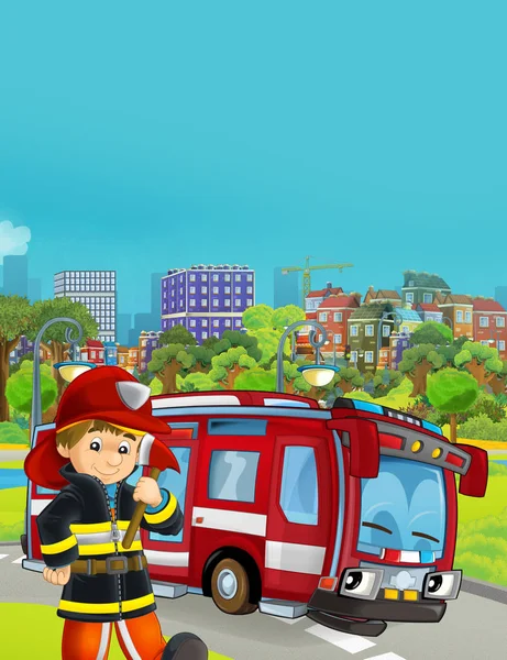 Cartoon scene with fire brigade car vehicle on the road and fireman worker - illustration for children — Stock Photo, Image