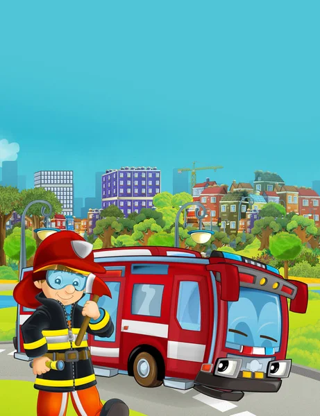 Kreslená scéna s hasičským vozem na silnici a hasičem - ilustrace pro děti — Stock fotografie