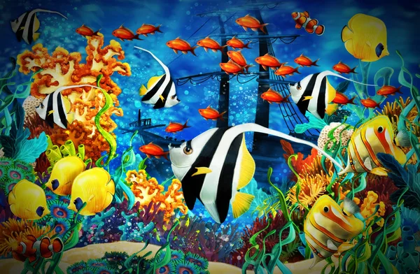 Cartoon scene animals swimming on colorful and bright coral reef — Stock Photo, Image