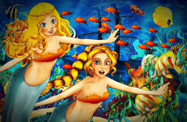 Cartoon ocean and the mermaid in underwater kingdom swimming wit — Stock Photo, Image