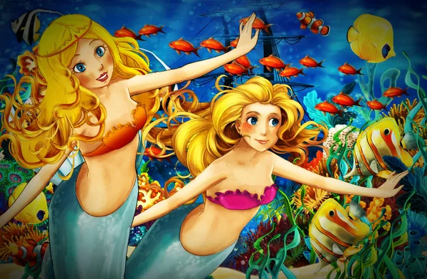 Cartoon ocean and the mermaid in underwater kingdom swimming wit — Stock Photo, Image