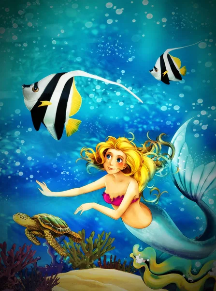 Cartoon ocean and the mermaid in underwater kingdom swimming wit — Stock Photo, Image