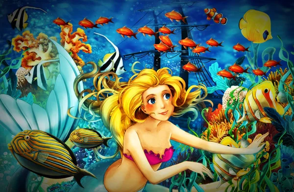 Oceano dei cartoni animati e la sirena nel regno sottomarino nuoto arguzia — Foto Stock