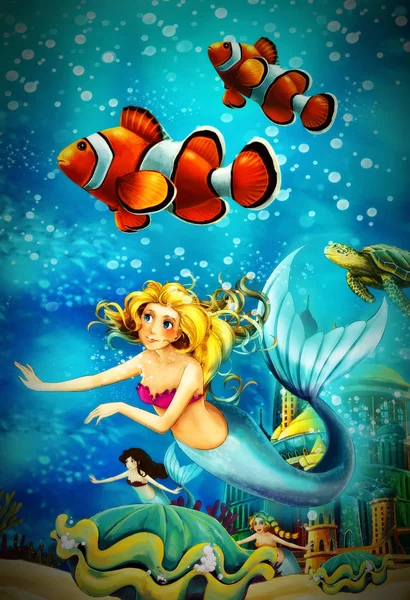 Cartoon ocean and the mermaid in underwater kingdom swimming wit — Stock Photo, Image