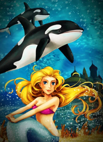 Cartoon oceaan en de zeemeermin in onderwater koninkrijk zwemmen met wit — Stockfoto