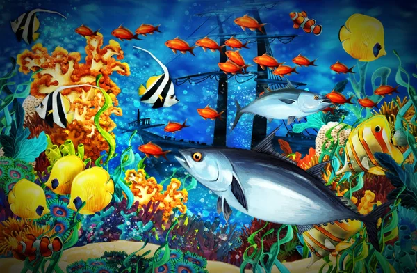 Karikatür sahnesi hayvanları renkli ve parlak mercan resiflerinde yüzerler — Stok fotoğraf