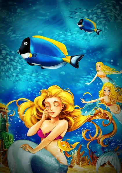 漫画の海と水中王国の人魚水泳ウィット — ストック写真