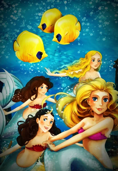 Cartoon ocean and the mermaid in underwater kingdom swimming wit