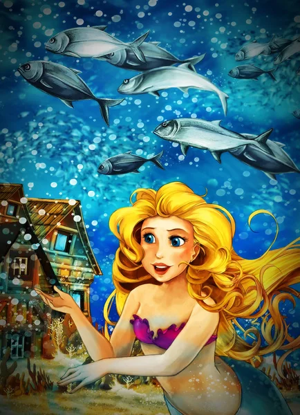 Cartoon ocean and the mermaid in underwater kingdom swimming wit — Stock Photo, Image