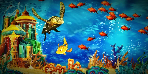 Tecknad scen djur simmar på färgglada och ljusa korallrev — Stockfoto