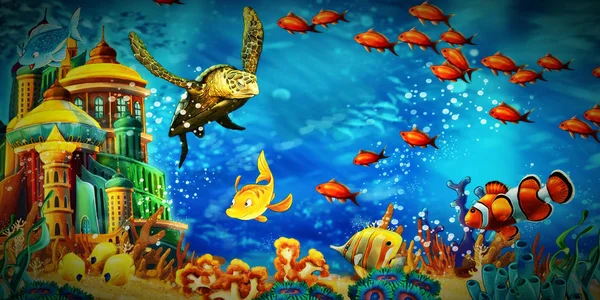 Cartoon scene animals swimming on colorful and bright coral reef — Stock Photo, Image