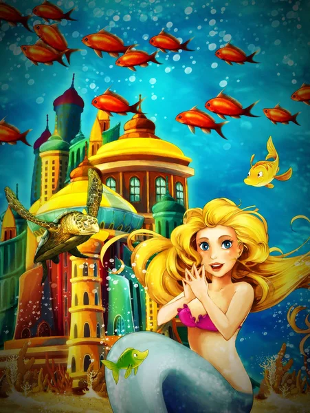 Cartoon ocean and the mermaid in underwater kingdom swimming wit — Stock Photo, Image