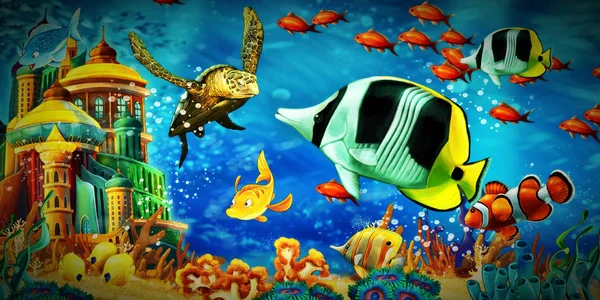 Rajzfilm jelenet állatok úszás színes és világos korallzátony — Stock Fotó