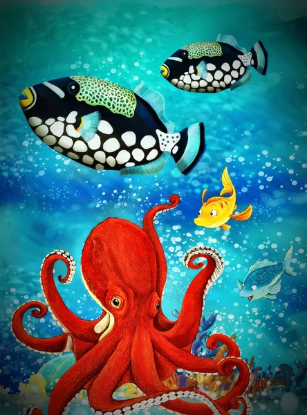 कार्टून दृश्य रंगीत आणि तेजस्वी कोरल रीफवर पोहणारे प्राणी — स्टॉक फोटो, इमेज