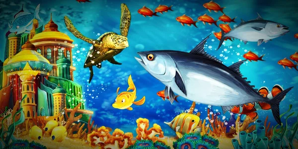 Karikatür sahnesi hayvanları renkli ve parlak mercan resiflerinde yüzerler — Stok fotoğraf