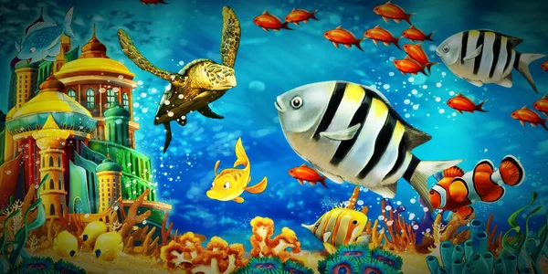 Animales de la escena de dibujos animados nadando en el colorido y brillante arrecife de coral —  Fotos de Stock