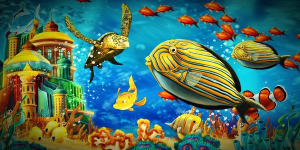 Animais da cena dos desenhos animados nadando no recife de coral colorido e brilhante — Fotografia de Stock