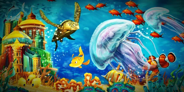 Мультяшна сцена тварин, які плавають на барвистому і яскравому кораловому рифі — стокове фото