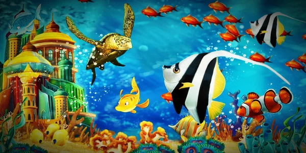 Animales de la escena de dibujos animados nadando en el colorido y brillante arrecife de coral —  Fotos de Stock
