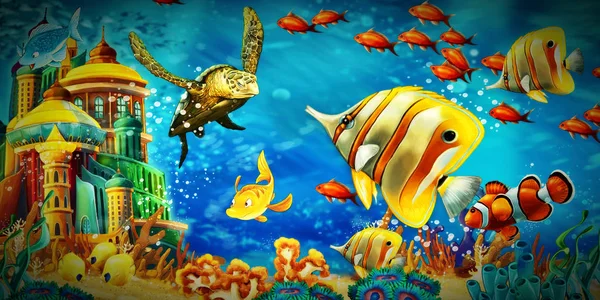 Animais da cena dos desenhos animados nadando no recife de coral colorido e brilhante — Fotografia de Stock