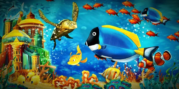 Animales de la escena de dibujos animados nadando en el colorido y brillante arrecife de coral — Foto de Stock