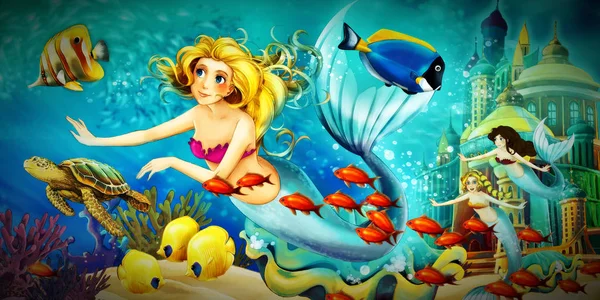 Oceano dos desenhos animados e a sereia no reino subaquático nadando sagacidade — Fotografia de Stock