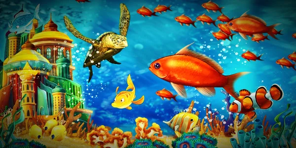 Cartoon scene animals swimming on colorful and bright coral reef — Stock Photo, Image