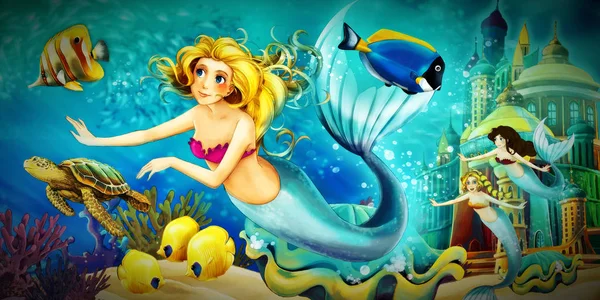 Dessin animé océan et la sirène dans le royaume sous-marin baignade esprit — Photo