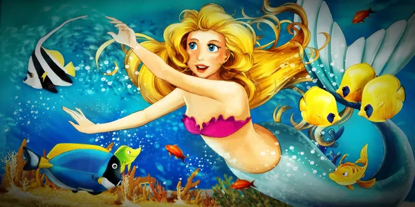 卡通海和美人鱼在水下王国游泳的智慧 — 图库照片