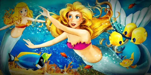Cartoon oceaan en de zeemeermin in onderwater koninkrijk zwemmen met wit — Stockfoto