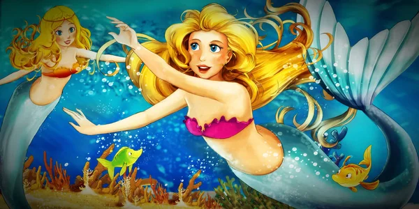 Cartoon ocean and the mermaid in underwater kingdom swimming wit