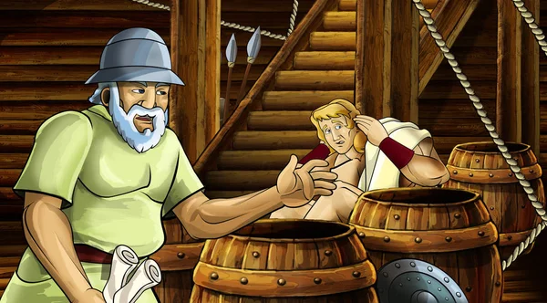 Cartoon scene met Romeinse of Griekse oude karakter in houten schip kamer illustratie voor kinderen — Stockfoto