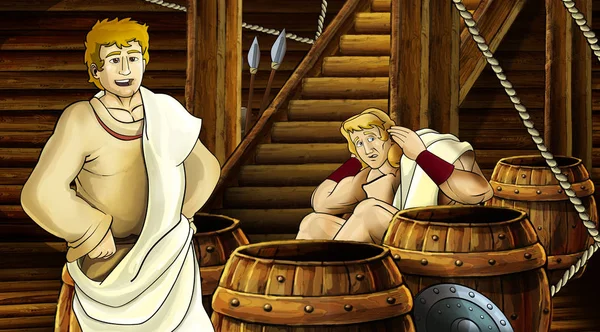 Scena kreskówki z rzymskiego lub greckiego starożytnego charakteru wewnątrz drewnianej komory statku ilustracja dla dzieci — Zdjęcie stockowe