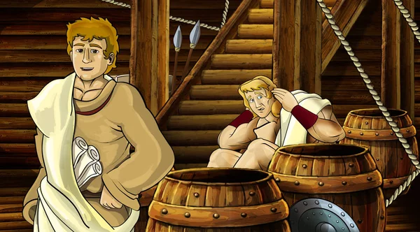 Σκηνή κινουμένων σχεδίων με ρωμαϊκό ή ελληνικό αρχαίο χαρακτήρα μέσα σε ξύλινο θάλαμο πλοίου εικονογράφηση για παιδιά — Φωτογραφία Αρχείου