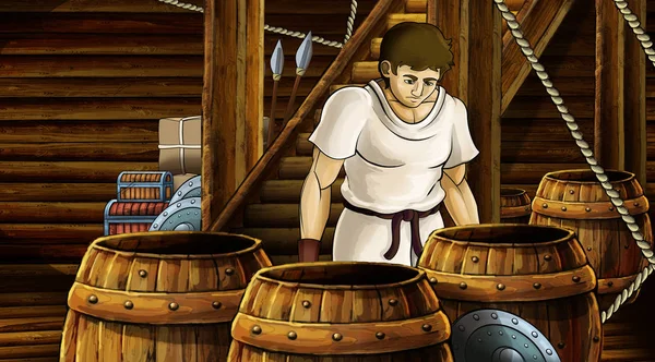 cartoon scene with roman or greek ancient character inside wooden ship chamber illustration for children