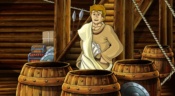 Cena dos desenhos animados com caráter antigo romano ou grego dentro da ilustração da câmara do navio de madeira para crianças — Fotografia de Stock