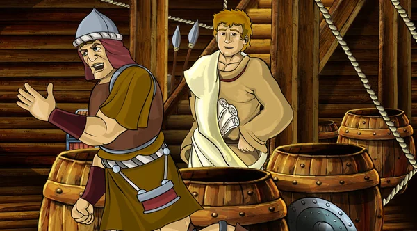 cartoon scene with roman or greek ancient character inside wooden ship chamber illustration for children