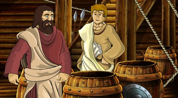 Kreslená scéna s římský nebo řecký starověký znak uvnitř dřevěné lodi komora ilustrace pro děti — Stock fotografie