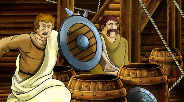 Kreslená scéna s římský nebo řecký starověký znak uvnitř dřevěné lodi komora ilustrace pro děti — Stock fotografie