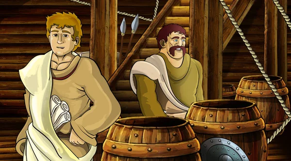Scena kreskówki z rzymskiego lub greckiego starożytnego charakteru wewnątrz drewnianej komory statku ilustracja dla dzieci — Zdjęcie stockowe